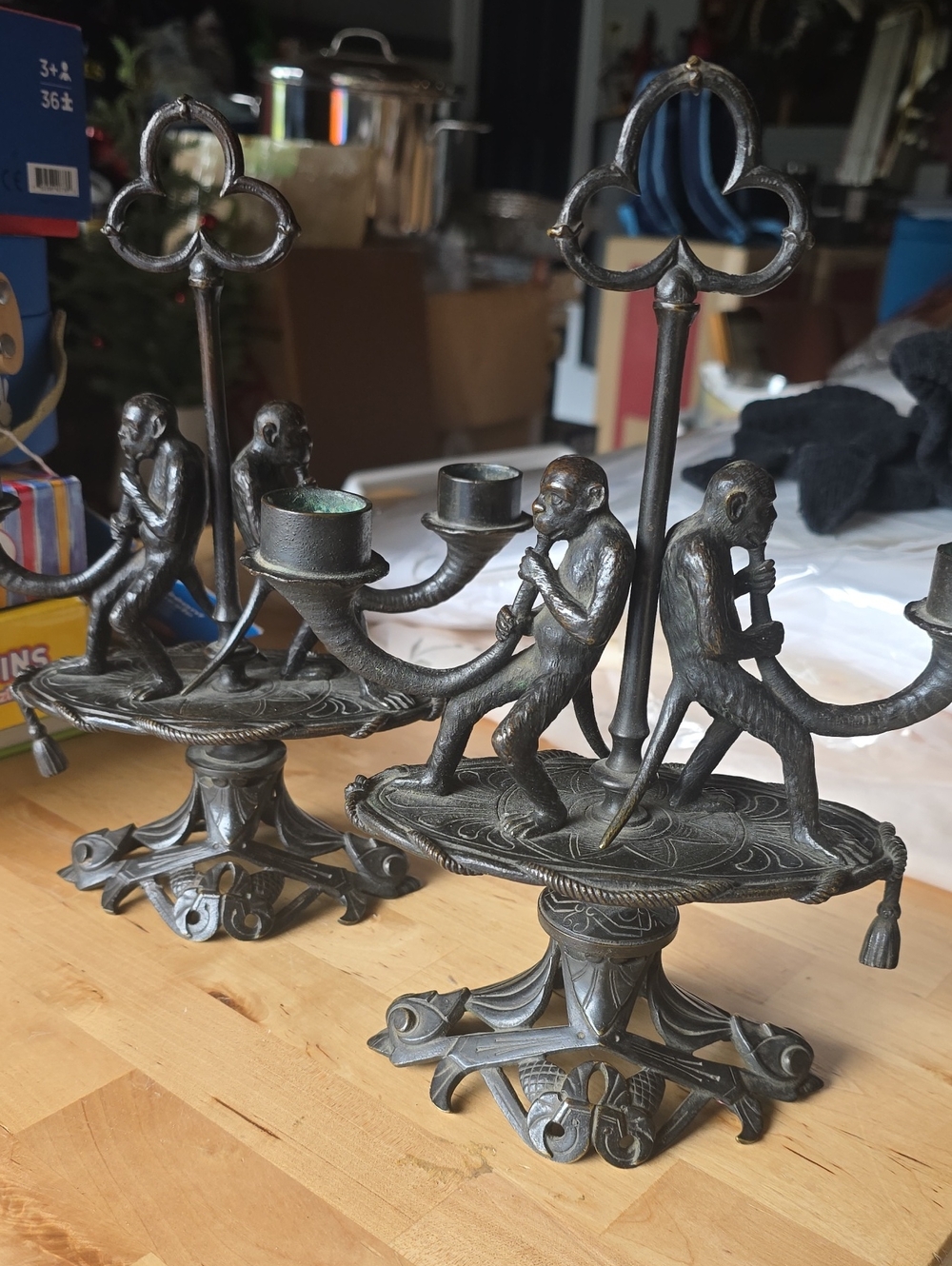 Antique Black Bronze-Patina Monkey Candle Holders - Set of 2